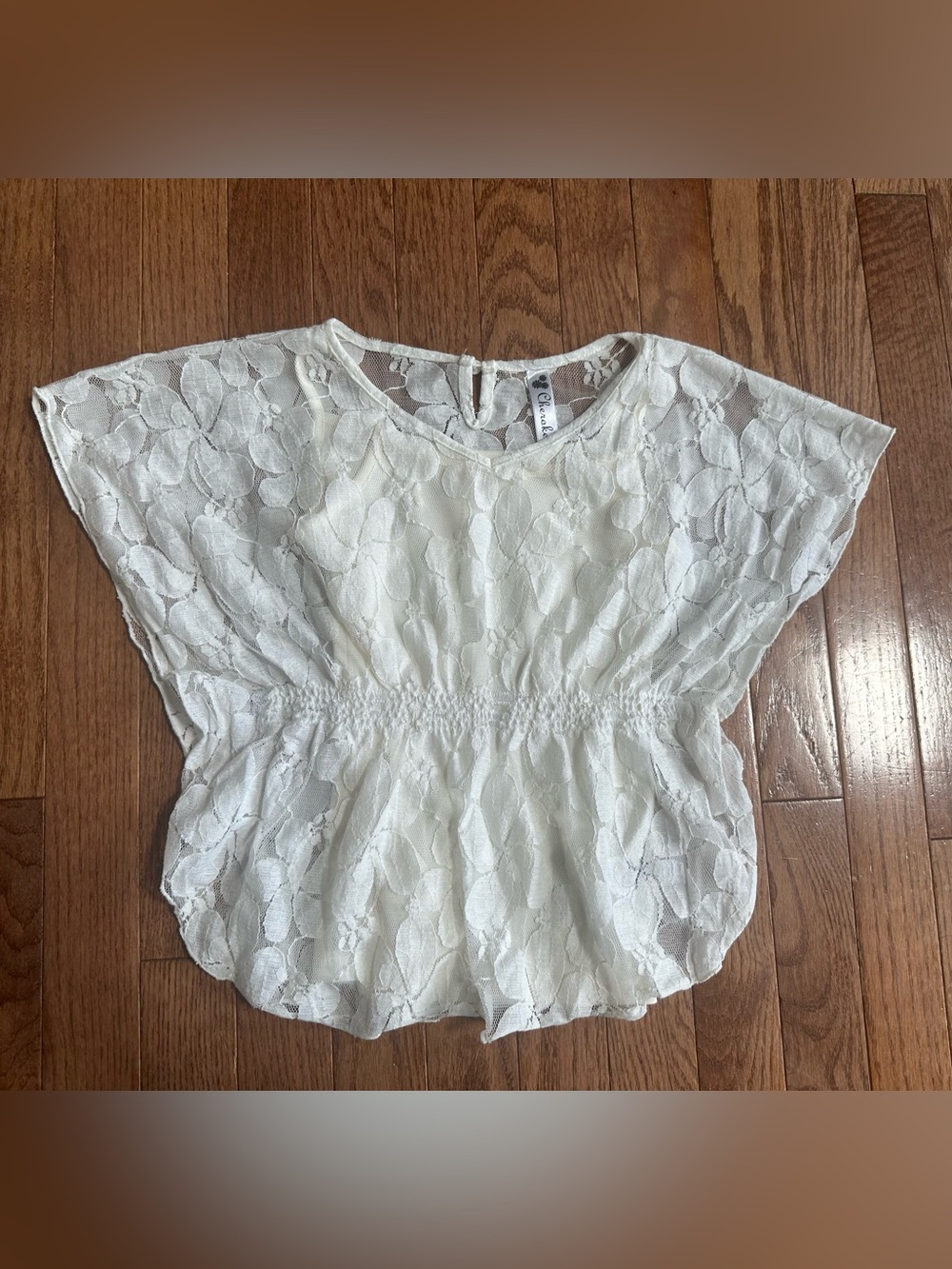 Cherokee Girls 6/6X Cream Lace Flutter Sleeve Smocked Top